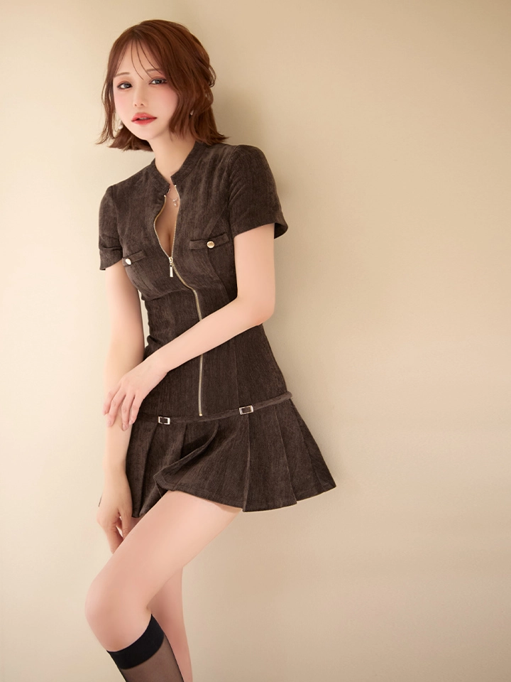 【Glossy/グロッシー】起毛ニット/ ジップアップ/ 半袖/ プリーツ/ フレア/ ミニドレス/ キャバドレス3