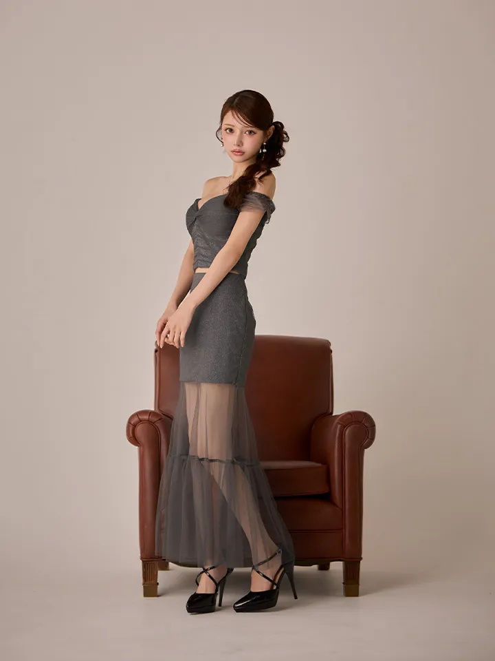 【Glossy/グロッシー】チュール/ ラメニット/ オフショル/ ツーピース/ ロングドレス/ キャバドレス1