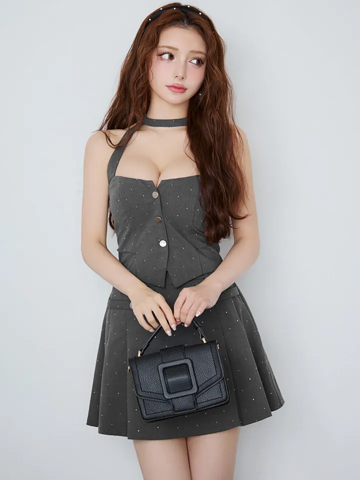 【Glossy/グロッシー】ストーン付き/ ホルター/ シルバーボタン/ フレア/ セットアップ/ ミニドレス/ キャバドレス3