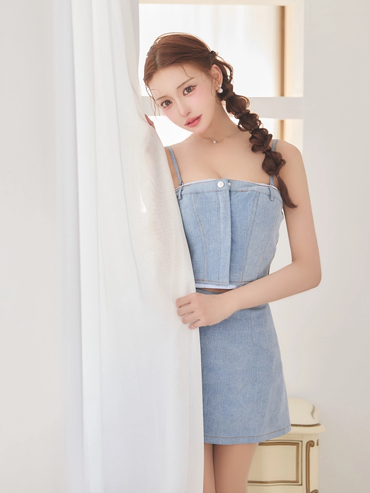 【Glossy/グロッシー】バイカラー/ シャツドッキング/ ステッチ/ デニム/ セットアップ/ タイト/ ミニドレス/ キャバドレス1