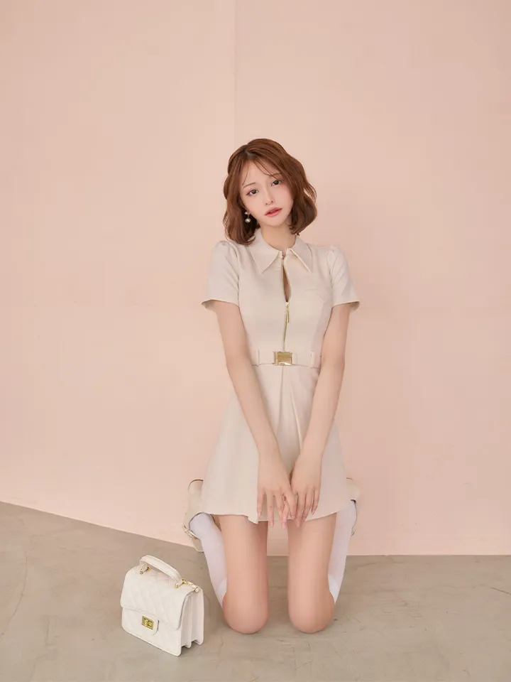 【Glossy/グロッシー】シャツカラー/ ウエストベルト/ フレア/ ミニドレス/ キャバドレス1