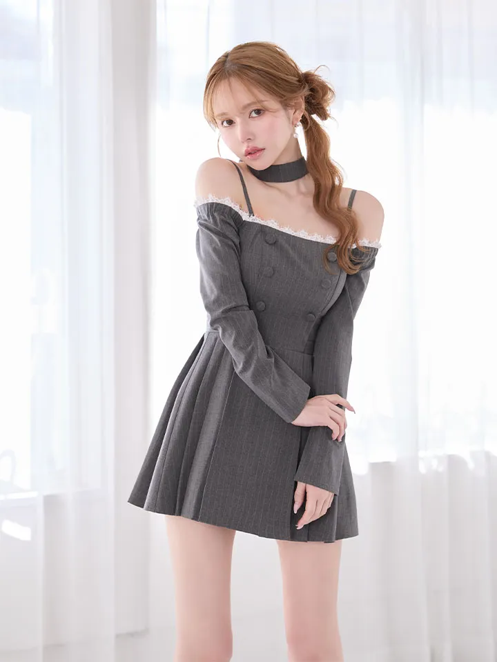 【Glossy/グロッシー】ダブルボタン/ ストライプ / フレア/ ミニドレス / キャバドレス3