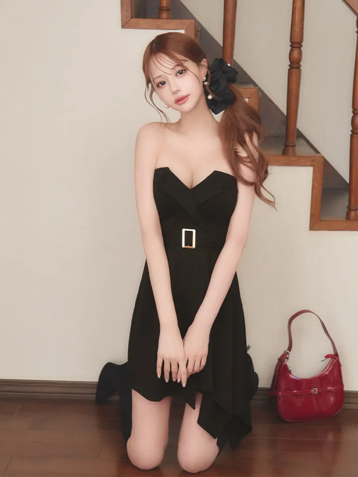 【Andy GLAMOROUS/アンディグラマラス】ベアトップ/ ベルト/ フレア/ アシンメトリー/ ミニドレス/ ストレッチ/ キャバドレス2