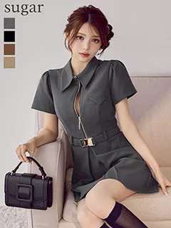 【Glossy/グロッシー】シャツカラー/ ウエストベルト/ フレア/ ミニドレス/ キャバドレス