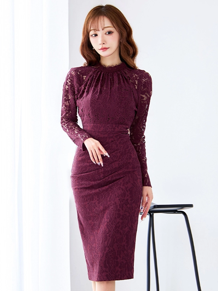 【VANESSA HEART / ヴァネッサハート】【OF05】総レース/ ハイネック/ ロングスリーブ/ 袖あり/ タック/ 膝丈/ タイト/ ミディアムドレス/ キャバドレス3