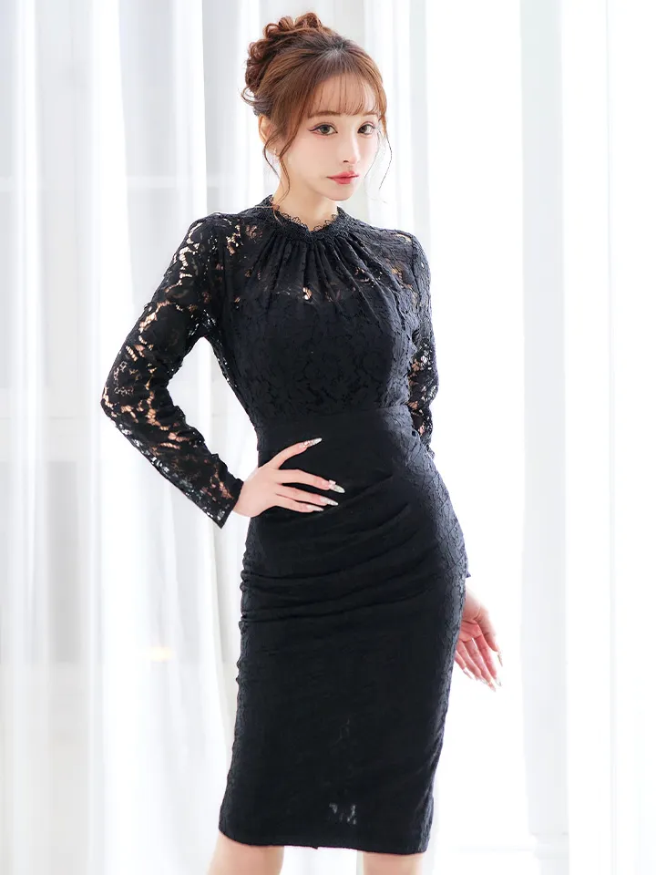 【VANESSA HEART / ヴァネッサハート】【OF05】総レース/ ハイネック/ ロングスリーブ/ 袖あり/ タック/ 膝丈/ タイト/ ミディアムドレス/ キャバドレス1