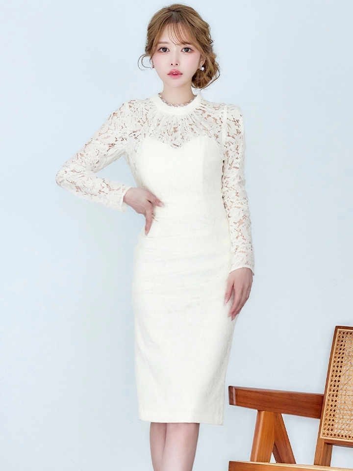 【VANESSA HEART / ヴァネッサハート】【OF05】総レース/ ハイネック/ ロングスリーブ/ 袖あり/ タック/ 膝丈/ タイト/ ミディアムドレス/ キャバドレス1