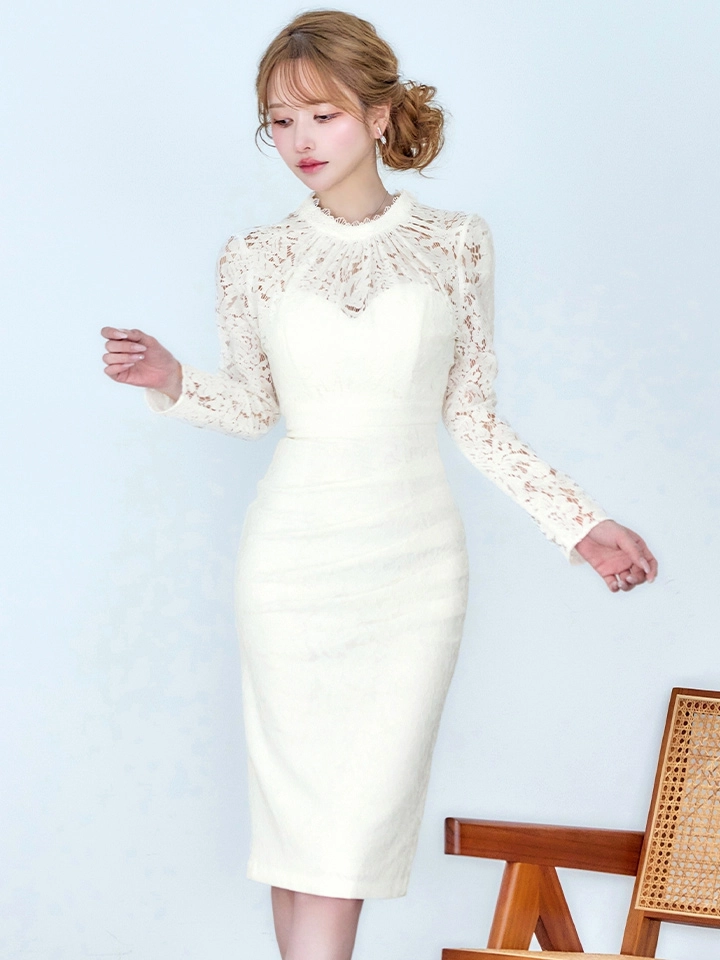 【VANESSA HEART / ヴァネッサハート】【OF05】総レース/ ハイネック/ ロングスリーブ/ 袖あり/ タック/ 膝丈/ タイト/ ミディアムドレス/ キャバドレス2