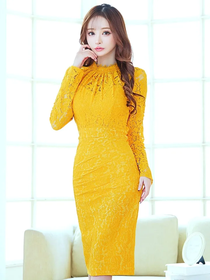 【VANESSA HEART / ヴァネッサハート】【OF05】総レース/ ハイネック/ ロングスリーブ/ 袖あり/ タック/ 膝丈/ タイト/ ミディアムドレス/ キャバドレス1