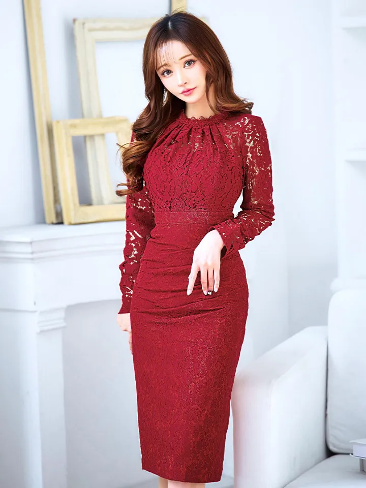 【VANESSA HEART / ヴァネッサハート】【OF05】総レース/ ハイネック/ ロングスリーブ/ 袖あり/ タック/ 膝丈/ タイト/ ミディアムドレス/ キャバドレス1