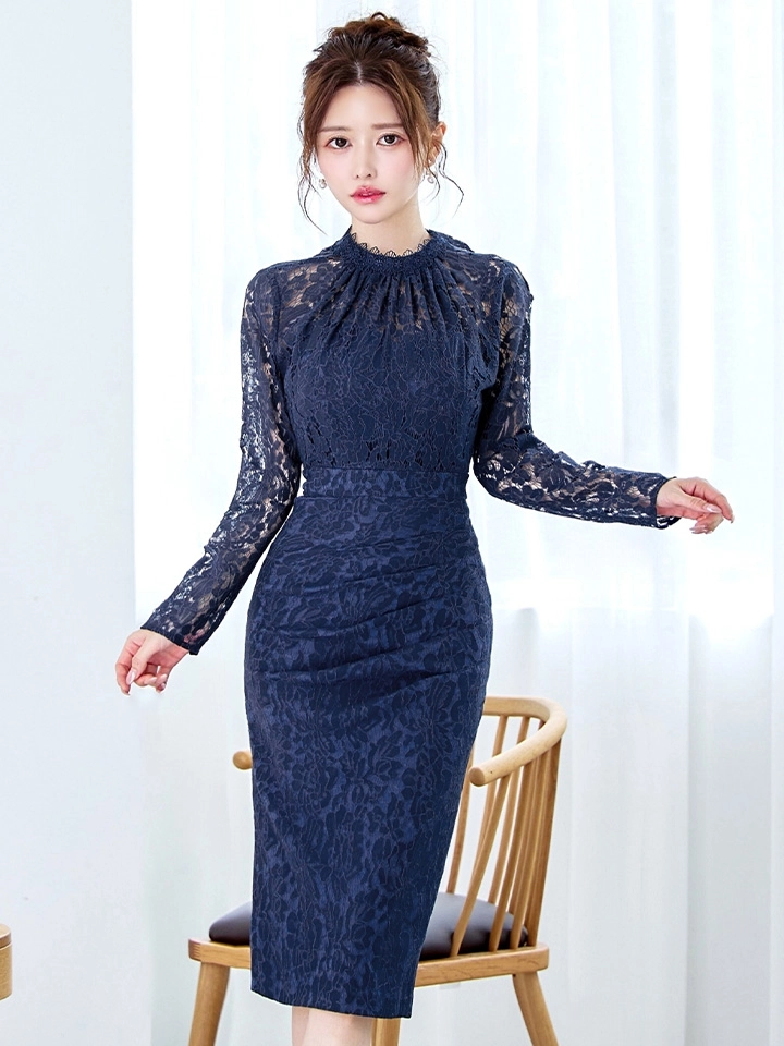 【VANESSA HEART / ヴァネッサハート】【OF05】総レース/ ハイネック/ ロングスリーブ/ 袖あり/ タック/ 膝丈/ タイト/ ミディアムドレス/ キャバドレス1