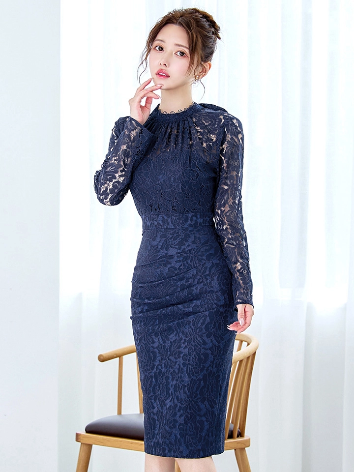 【VANESSA HEART / ヴァネッサハート】【OF05】総レース/ ハイネック/ ロングスリーブ/ 袖あり/ タック/ 膝丈/ タイト/ ミディアムドレス/ キャバドレス2