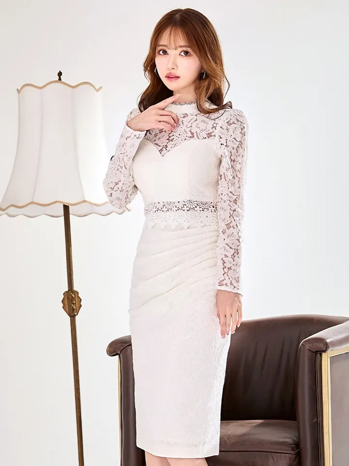 Lサイズあり【VANESSA HEART / ヴァネッサハート】【OF05】 総レース/ タック/ ハイネック/ 袖あり/ 長袖/ タイトスリーブ/ 膝丈/ ミディアムドレス/ キャバドレス10