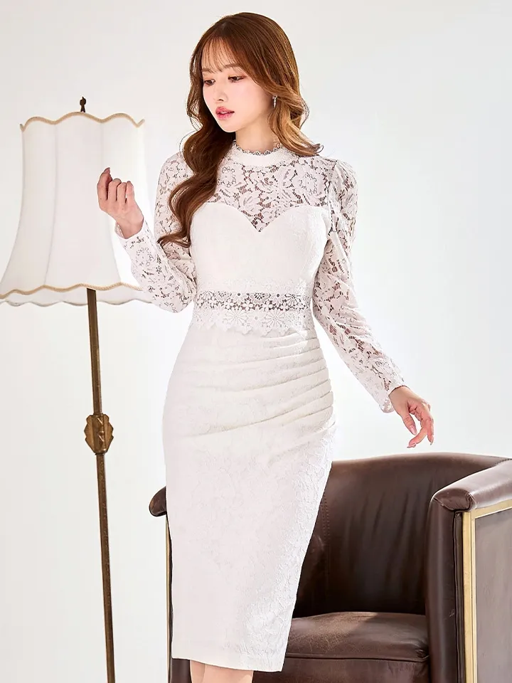 Lサイズあり【VANESSA HEART / ヴァネッサハート】【OF05】 総レース/ タック/ ハイネック/ 袖あり/ 長袖/ タイトスリーブ/ 膝丈/ ミディアムドレス/ キャバドレス11