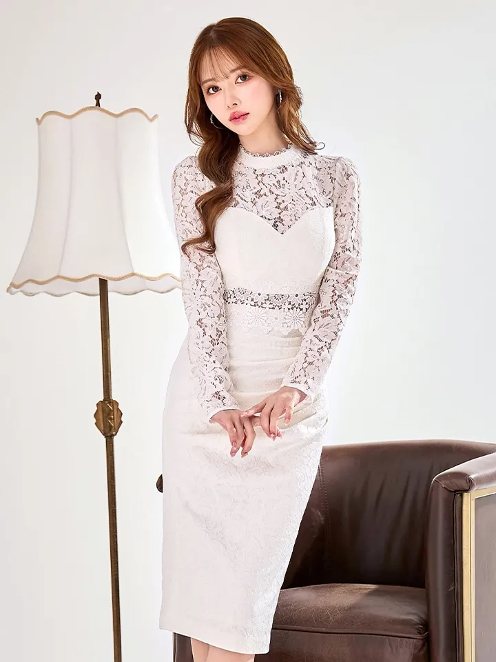 Lサイズあり【VANESSA HEART / ヴァネッサハート】【OF05】 総レース/ タック/ ハイネック/ 袖あり/ 長袖/ タイトスリーブ/ 膝丈/ ミディアムドレス/ キャバドレス12