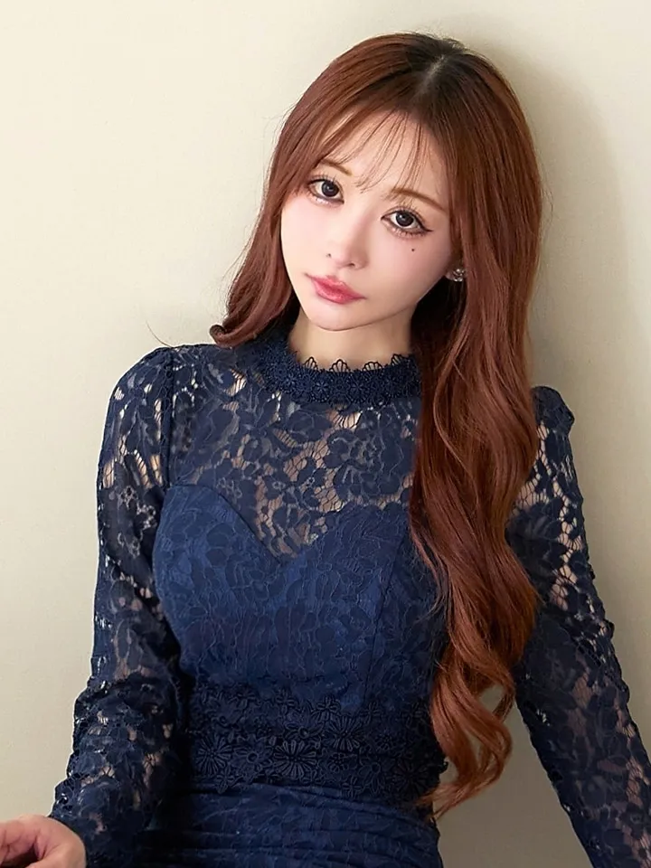 Lサイズあり【VANESSA HEART / ヴァネッサハート】【OF05】 総レース/ タック/ ハイネック/ 袖あり/ 長袖/ タイトスリーブ/ 膝丈/ ミディアムドレス/ キャバドレス13