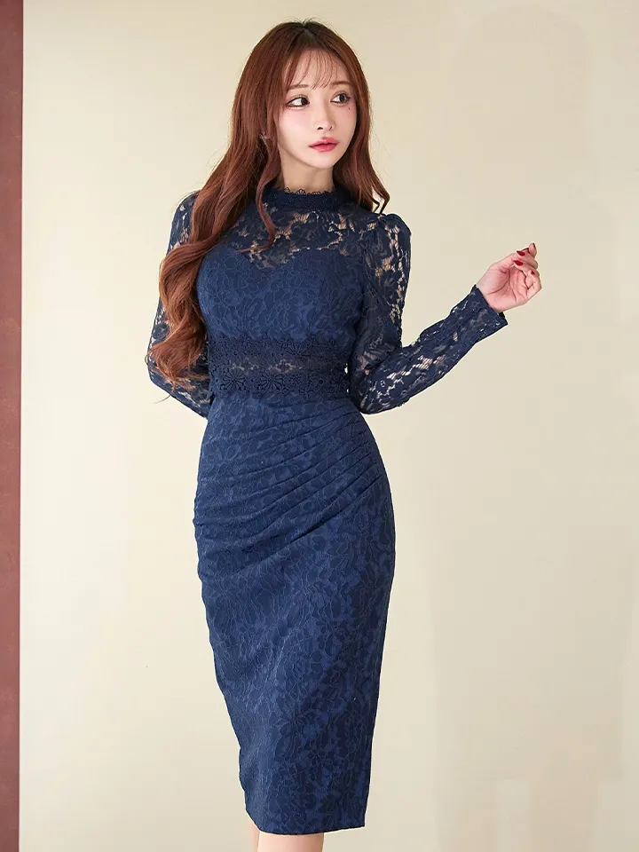 Lサイズあり【VANESSA HEART / ヴァネッサハート】【OF05】 総レース/ タック/ ハイネック/ 袖あり/ 長袖/ タイトスリーブ/ 膝丈/ ミディアムドレス/ キャバドレス14