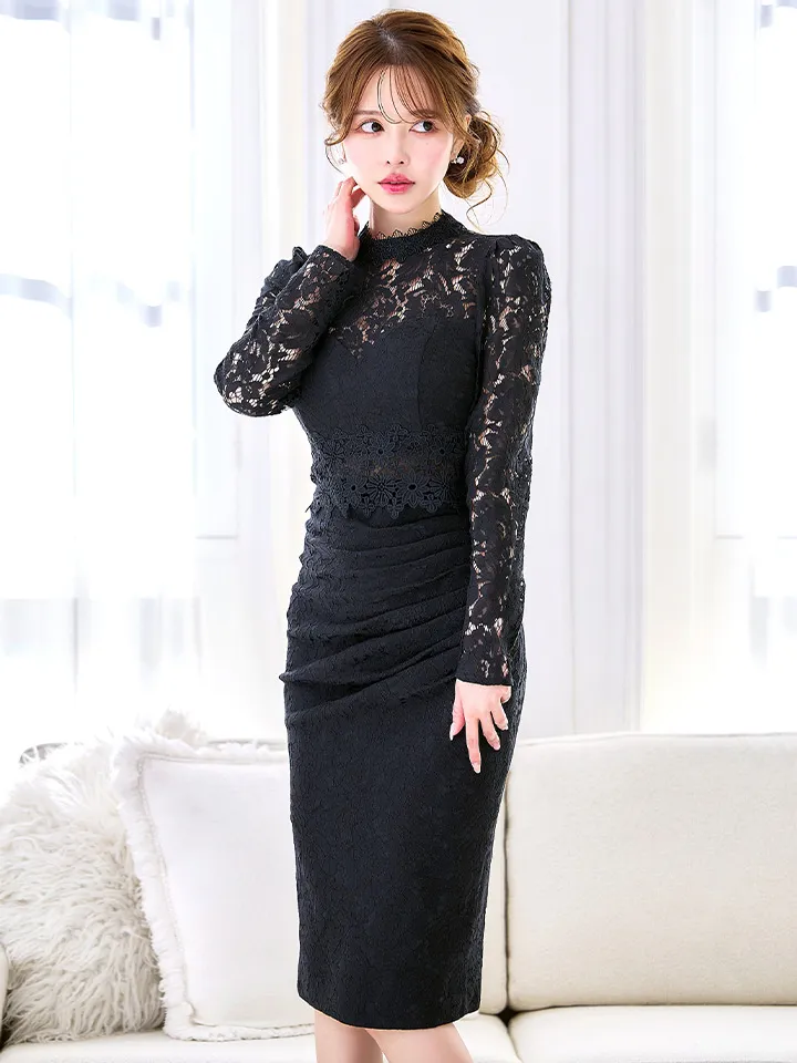 Lサイズあり【VANESSA HEART / ヴァネッサハート】【OF05】 総レース/ タック/ ハイネック/ 袖あり/ 長袖/ タイトスリーブ/ 膝丈/ ミディアムドレス/ キャバドレス18