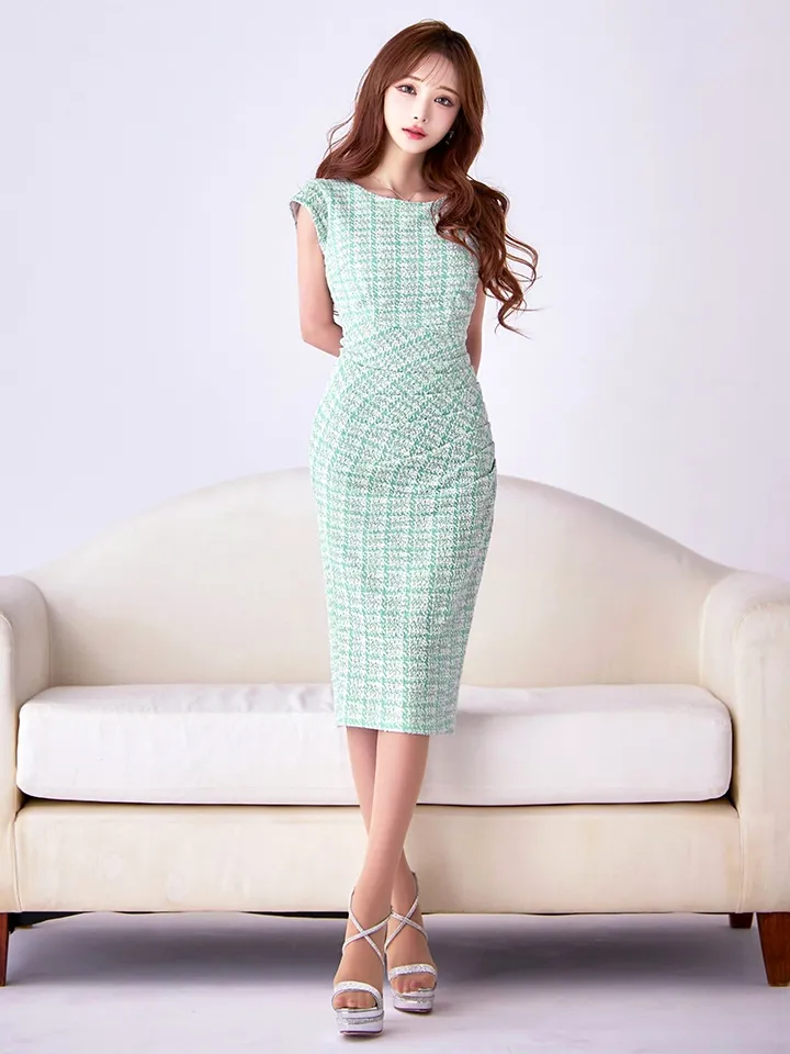 【VANESSA HEART / ヴァネッサハート】【OF05】チェック柄/ ツイード/ フレンチスリーブ/ タック/ ストレッチ/ ひざ丈/ タイト/ ワンピース/ ミディアムドレス/ キャバドレス4