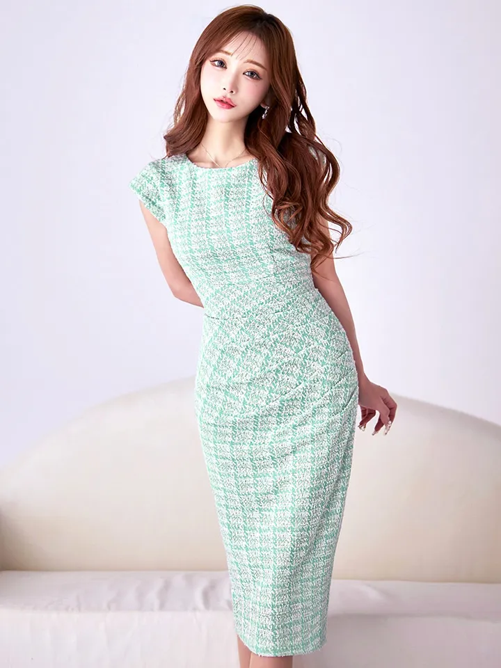 【VANESSA HEART / ヴァネッサハート】【OF05】チェック柄/ ツイード/ フレンチスリーブ/ タック/ ストレッチ/ ひざ丈/ タイト/ ワンピース/ ミディアムドレス/ キャバドレス5