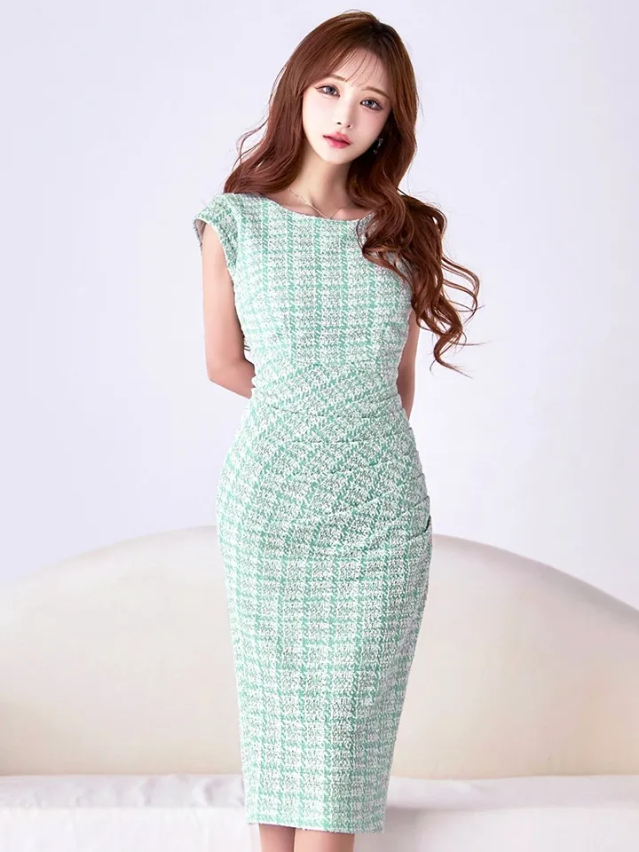 【VANESSA HEART / ヴァネッサハート】【OF05】チェック柄/ ツイード/ フレンチスリーブ/ タック/ ストレッチ/ ひざ丈/ タイト/ ワンピース/ ミディアムドレス/ キャバドレス6