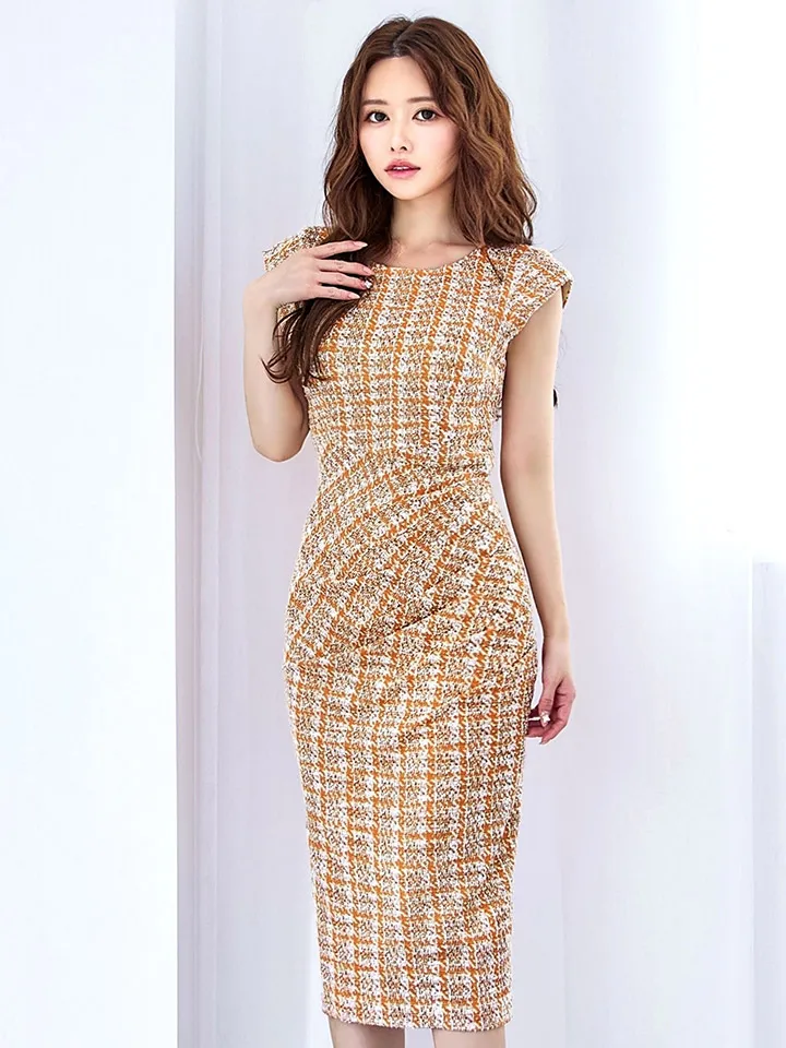 【VANESSA HEART / ヴァネッサハート】【OF05】チェック柄/ ツイード/ フレンチスリーブ/ タック/ ストレッチ/ ひざ丈/ タイト/ ワンピース/ ミディアムドレス/ キャバドレス7