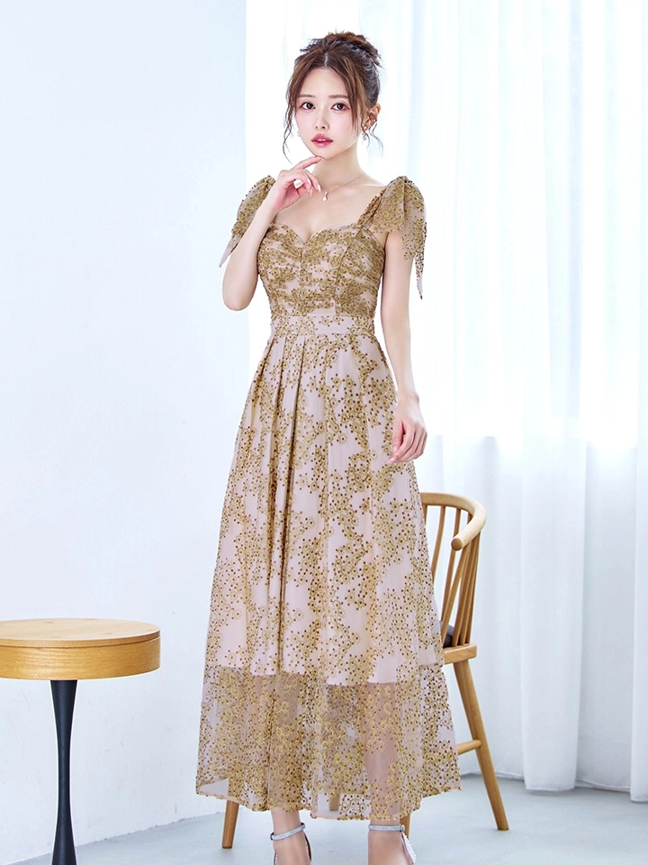 【VANESSA HEART / ヴァネッサハート】【OF05】ショルダーリボン/ ギャザー/ シアー/ レース/ 刺繍/ ミモレ丈/ ワンピース/ ミディアムドレス/ キャバドレス10