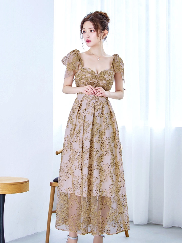 【VANESSA HEART / ヴァネッサハート】【OF05】ショルダーリボン/ ギャザー/ シアー/ レース/ 刺繍/ ミモレ丈/ ワンピース/ ミディアムドレス/ キャバドレス11