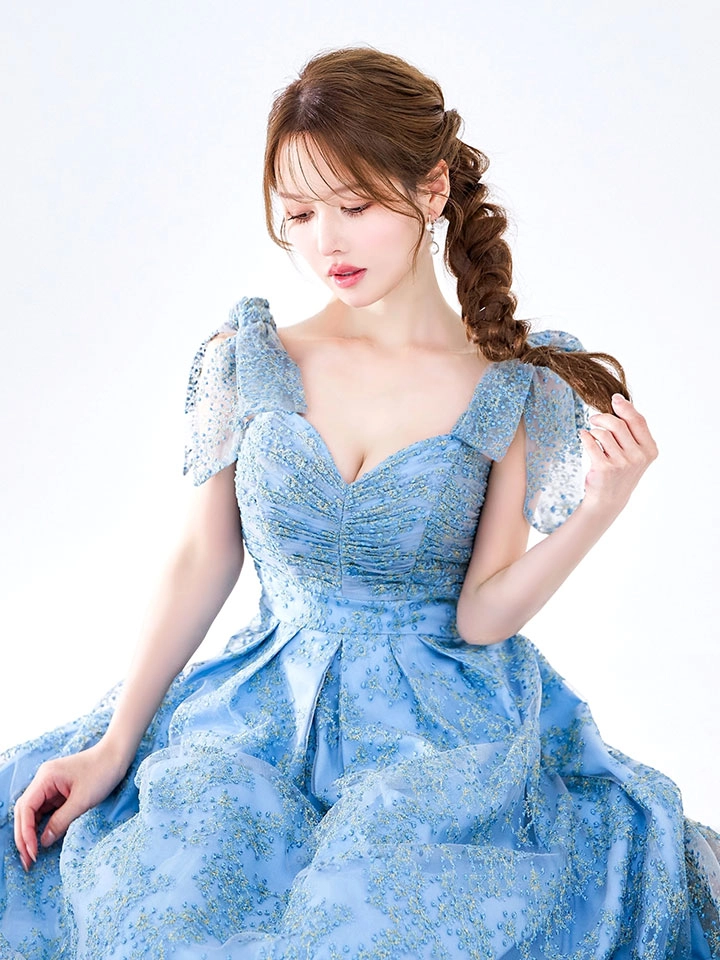 【VANESSA HEART / ヴァネッサハート】【OF05】ショルダーリボン/ ギャザー/ シアー/ レース/ 刺繍/ ミモレ丈/ ワンピース/ ミディアムドレス/ キャバドレス6
