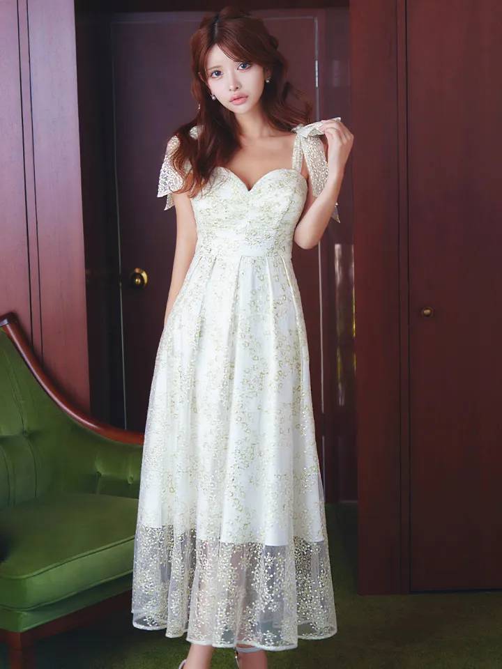 【VANESSA HEART / ヴァネッサハート】【OF05】ショルダーリボン/ ギャザー/ シアー/ レース/ 刺繍/ ミモレ丈/ ワンピース/ ミディアムドレス/ キャバドレス14