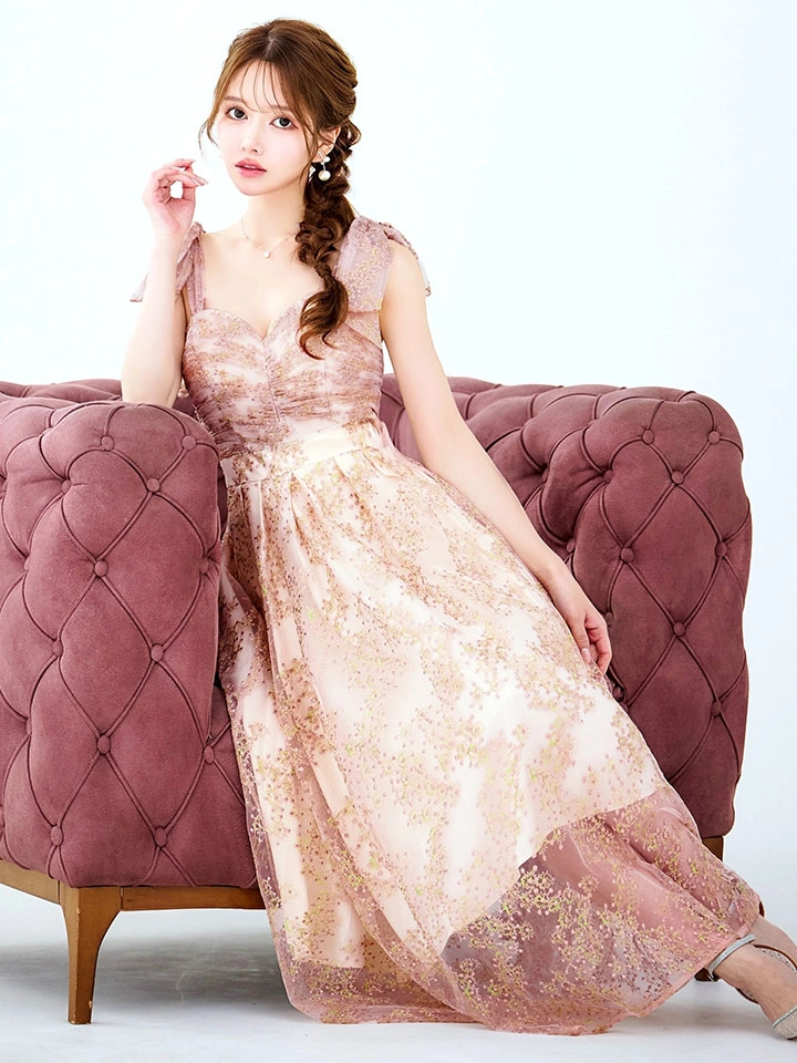 【VANESSA HEART / ヴァネッサハート】【OF05】ショルダーリボン/ ギャザー/ シアー/ レース/ 刺繍/ ミモレ丈/ ワンピース/ ミディアムドレス/ キャバドレス9
