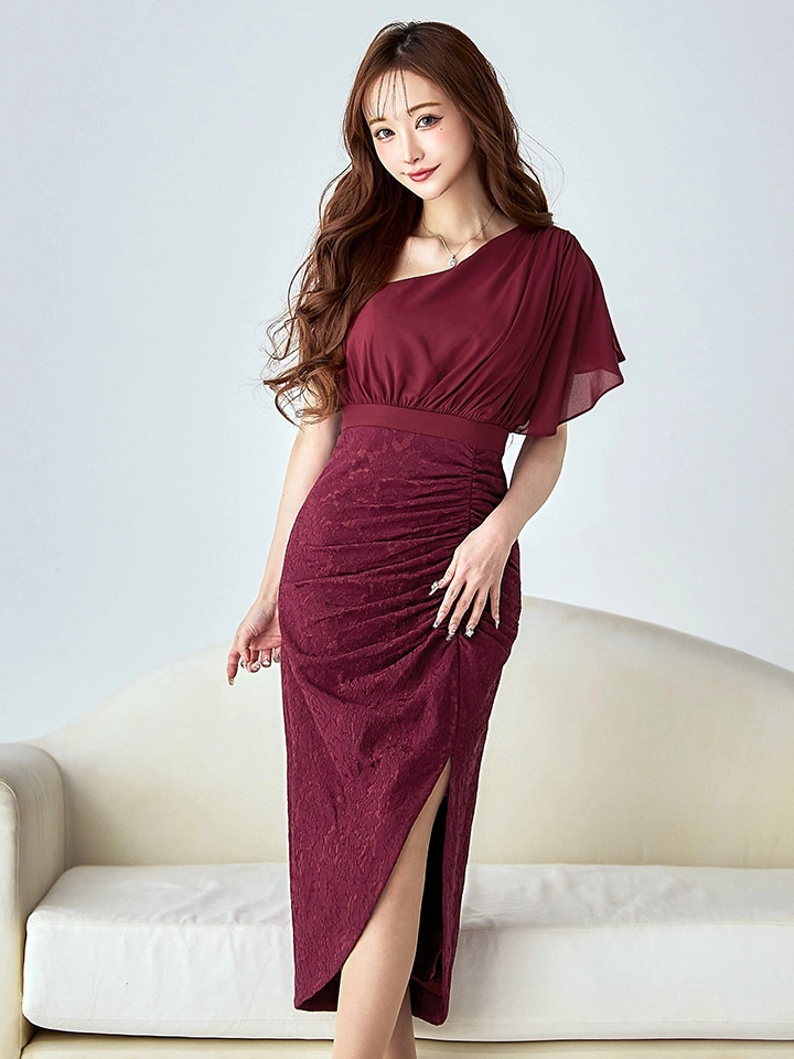 【VANESSA HEART / ヴァネッサハート】【OF05】ワンショルダー/ シフォン/ 半袖/ 袖あり/ タック/ 切替/ タイト/ スリット/ ミディアムドレス/ キャバドレス10