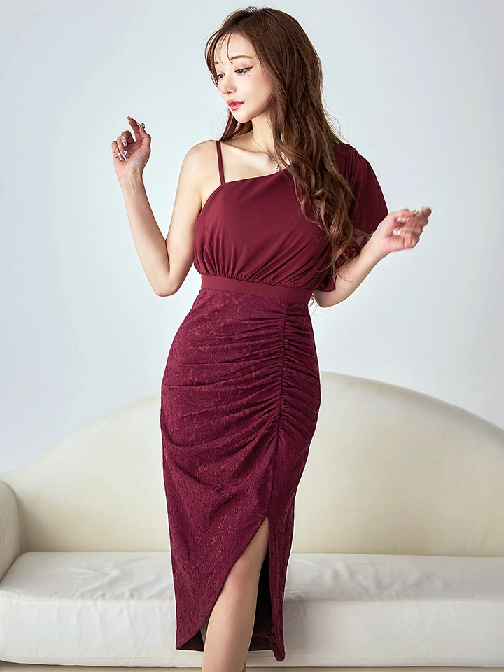 【VANESSA HEART / ヴァネッサハート】【OF05】ワンショルダー/ シフォン/ 半袖/ 袖あり/ タック/ 切替/ タイト/ スリット/ ミディアムドレス/ キャバドレス12