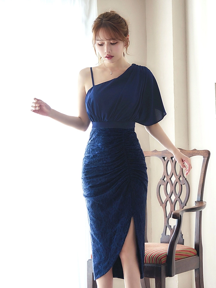 【VANESSA HEART / ヴァネッサハート】【OF05】ワンショルダー/ シフォン/ 半袖/ 袖あり/ タック/ 切替/ タイト/ スリット/ ミディアムドレス/ キャバドレス16