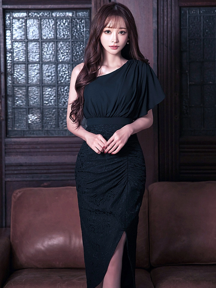 【VANESSA HEART / ヴァネッサハート】【OF05】ワンショルダー/ シフォン/ 半袖/ 袖あり/ タック/ 切替/ タイト/ スリット/ ミディアムドレス/ キャバドレス20