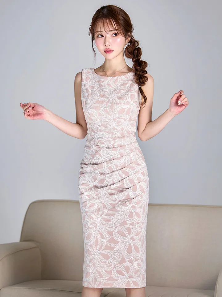 【VANESSA HEART / ヴァネッサハート】【OF05】総レース/ 刺繍/ リボン柄/ ノースリーブ/ タック/ タイト/ ストレッチ/ ひざ丈/ タイト/ ミディアムドレス/ キャバドレス4