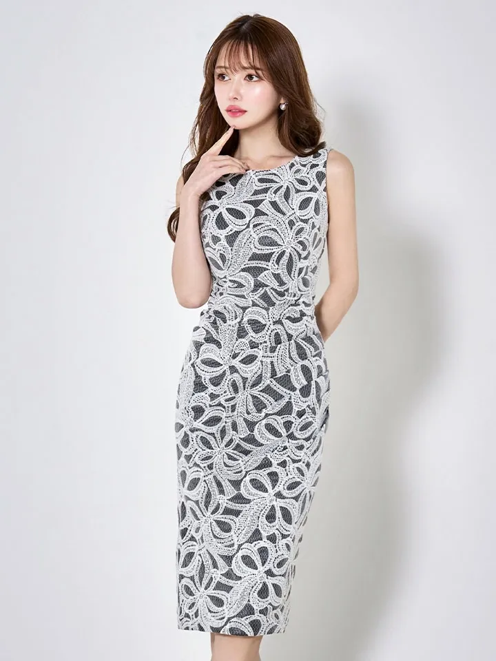 【VANESSA HEART / ヴァネッサハート】【OF05】総レース/ 刺繍/ リボン柄/ ノースリーブ/ タック/ タイト/ ストレッチ/ ひざ丈/ タイト/ ミディアムドレス/ キャバドレス1