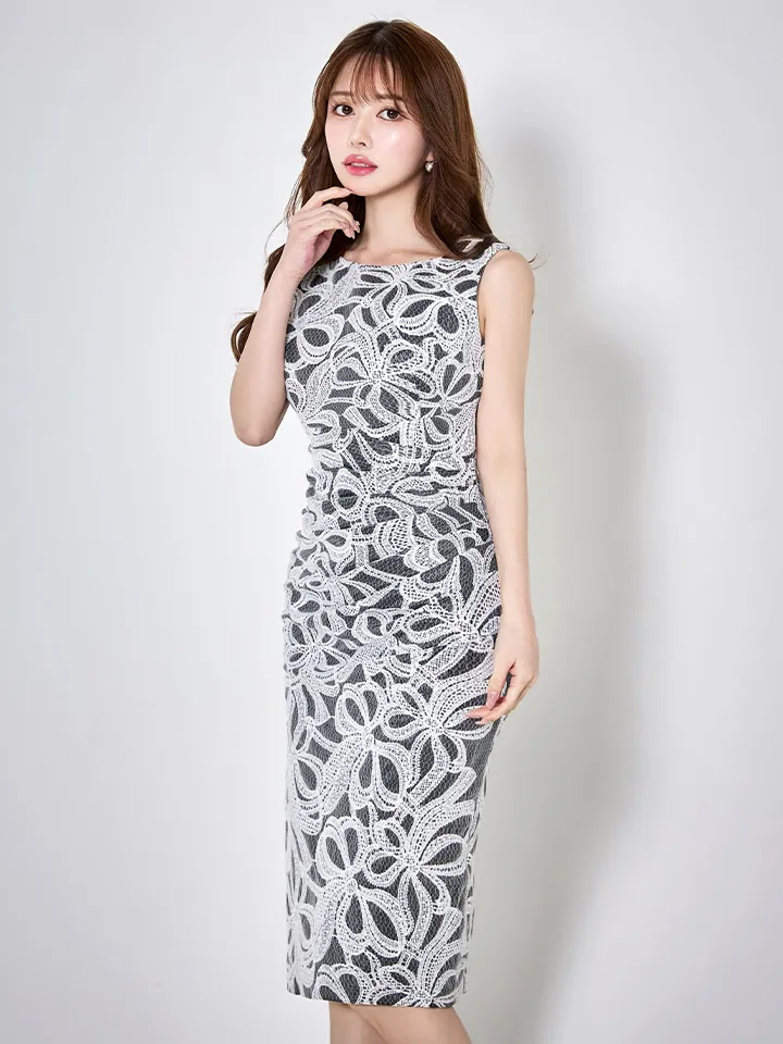 【VANESSA HEART / ヴァネッサハート】【OF05】総レース/ 刺繍/ リボン柄/ ノースリーブ/ タック/ タイト/ ストレッチ/ ひざ丈/ タイト/ ミディアムドレス/ キャバドレス3