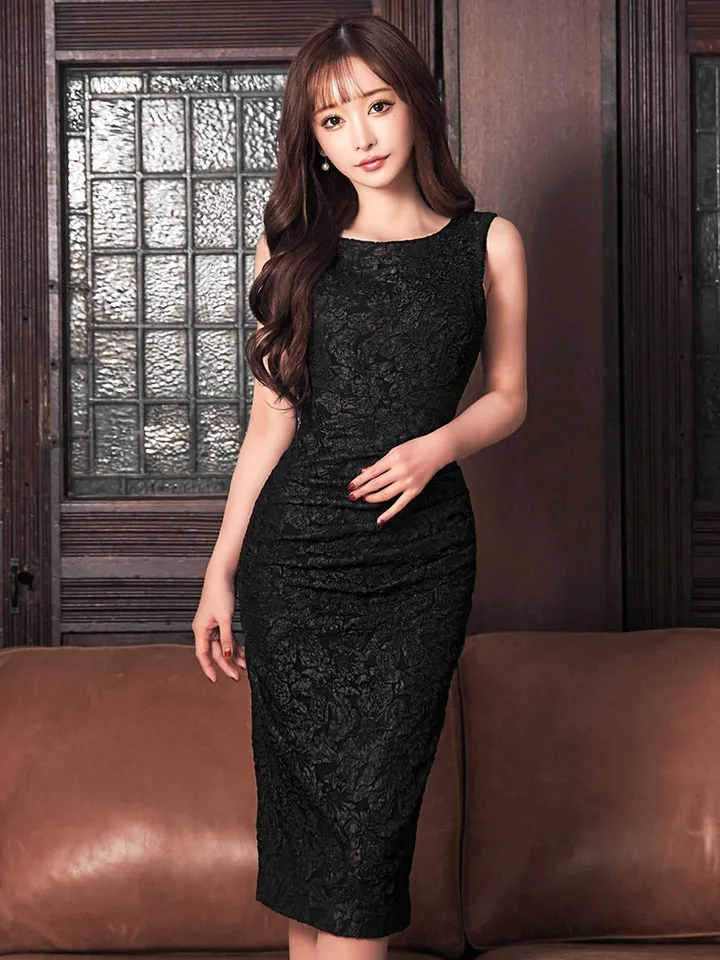 【VANESSA HEART / ヴァネッサハート】【OF05】総柄/ フラワー/ サイドタック/ ノースリーブ/ タイト/ ひざ丈/ ミディアムドレス/ キャバドレス5