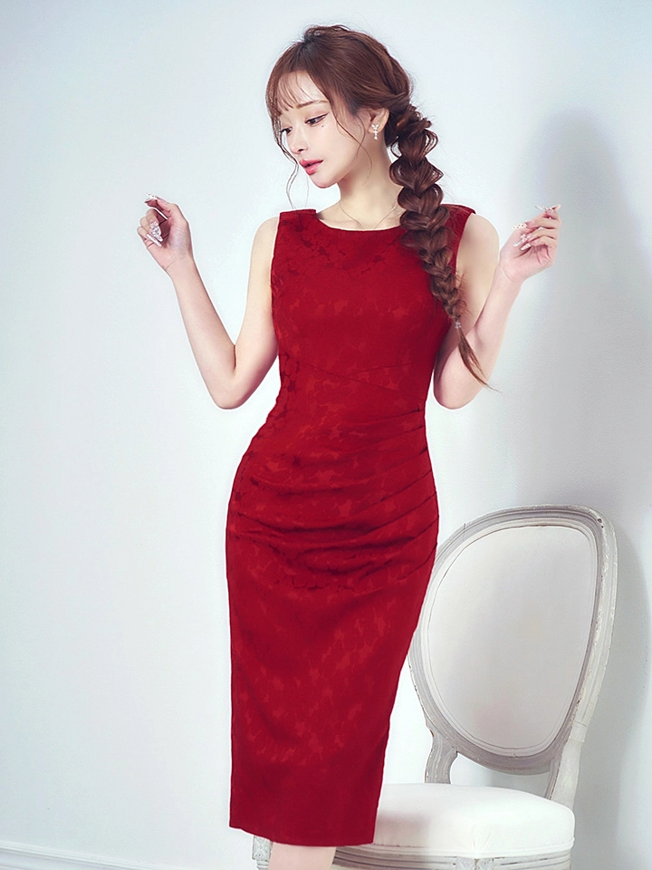 【VANESSA HEART / ヴァネッサハート】【OF05】フラワージャガード/ ワンカラー/ ノースリーブ/ タック/ ストレッチ/ ひざ丈/ タイト/ ミディアムドレス/ キャバドレス3