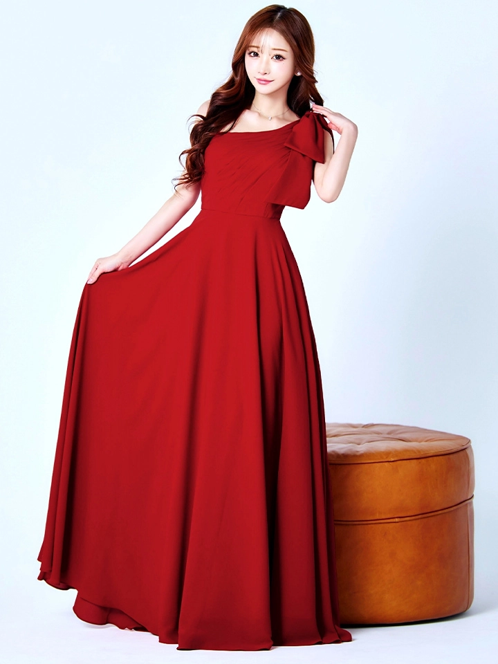 【CLEO CLOE/ クレオ クロエ】 ワンショル/ タック/ パーティードレス/ ショルダーリボン/ Aライン/ フレア/ ロングドレス1