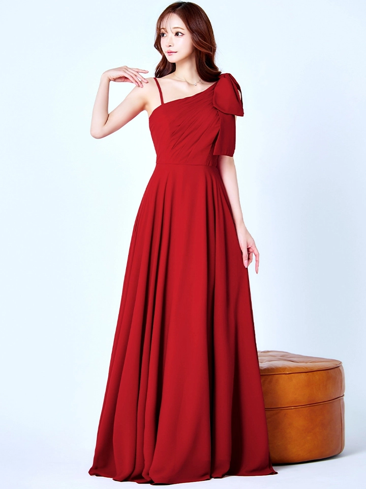 【CLEO CLOE/ クレオ クロエ】 ワンショル/ タック/ パーティードレス/ ショルダーリボン/ Aライン/ フレア/ ロングドレス2