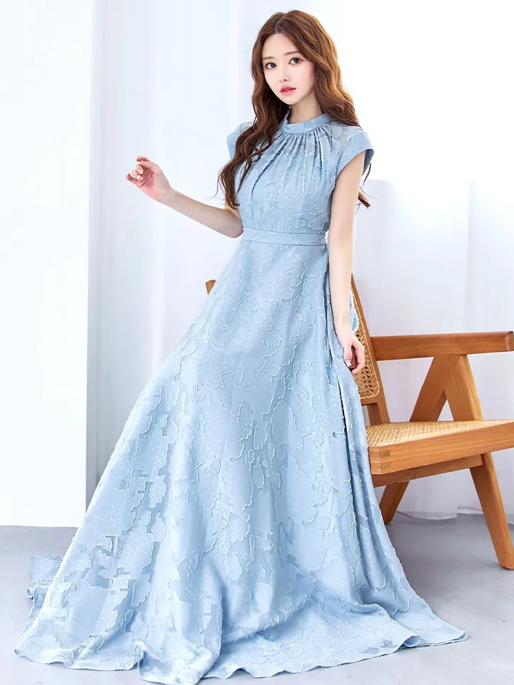 【CLEO CLOE/ クレオ クロエ】 オケージョンドレス/ パーティードレス/ ステージドレス/ イベントドレス/ ハイネック/ フレンチスリーブ/ フラワープリント/ Aライン/ フレア/ ロングドレス2