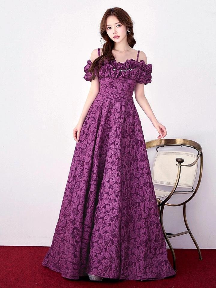 【CLEO CLOE/ クレオ クロエ】 オケージョンドレス/ パーティードレス/ ステージドレス/ イベントドレス/ フラワージャガード/ オフショル/ フリル/ Aライン/ フレア/ ロングドレス long1