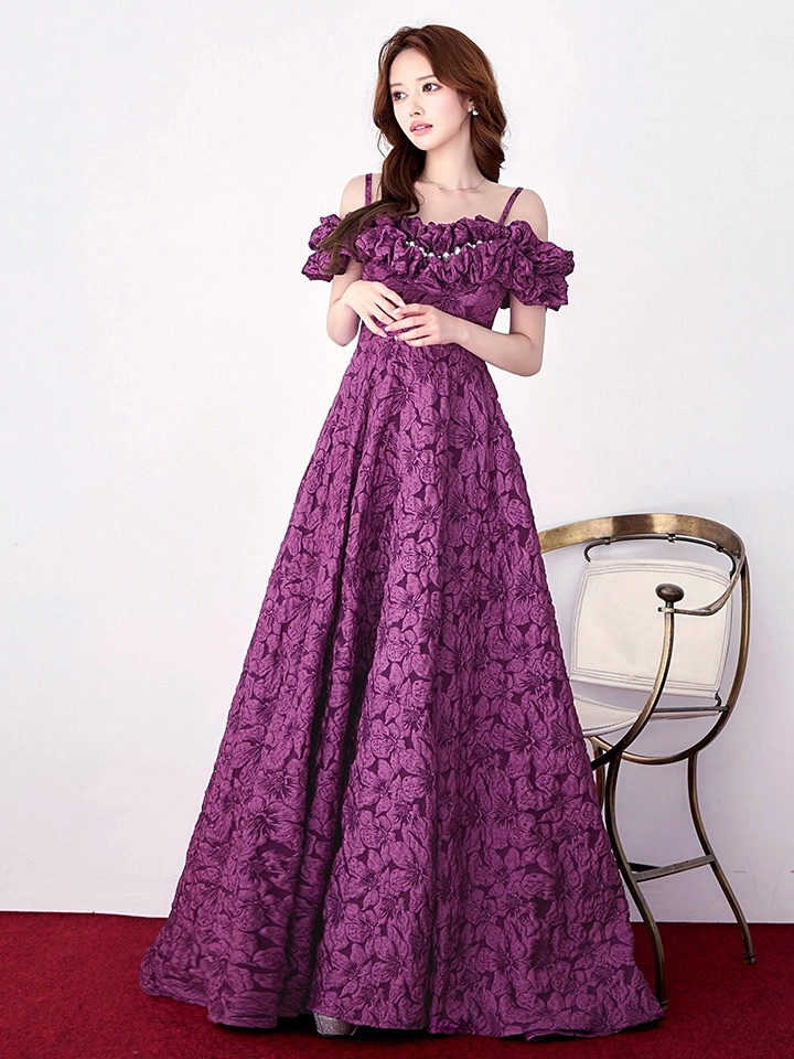 【CLEO CLOE/ クレオ クロエ】 オケージョンドレス/ パーティードレス/ ステージドレス/ イベントドレス/ フラワージャガード/ オフショル/ フリル/ Aライン/ フレア/ ロングドレス long2