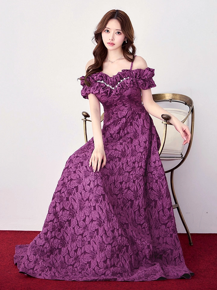 【CLEO CLOE/ クレオ クロエ】 オケージョンドレス/ パーティードレス/ ステージドレス/ イベントドレス/ フラワージャガード/ オフショル/ フリル/ Aライン/ フレア/ ロングドレス long3