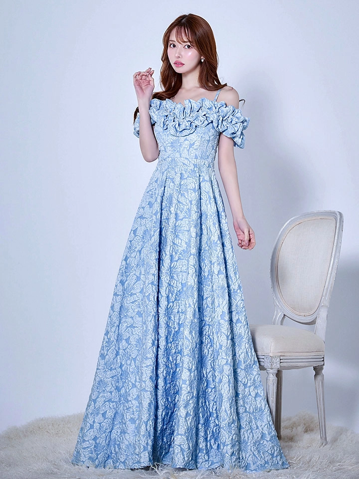 【CLEO CLOE/ クレオ クロエ】 オケージョンドレス/ パーティードレス/ ステージドレス/ イベントドレス/ フラワージャガード/ オフショル/ フリル/ Aライン/ フレア/ ロングドレス long4