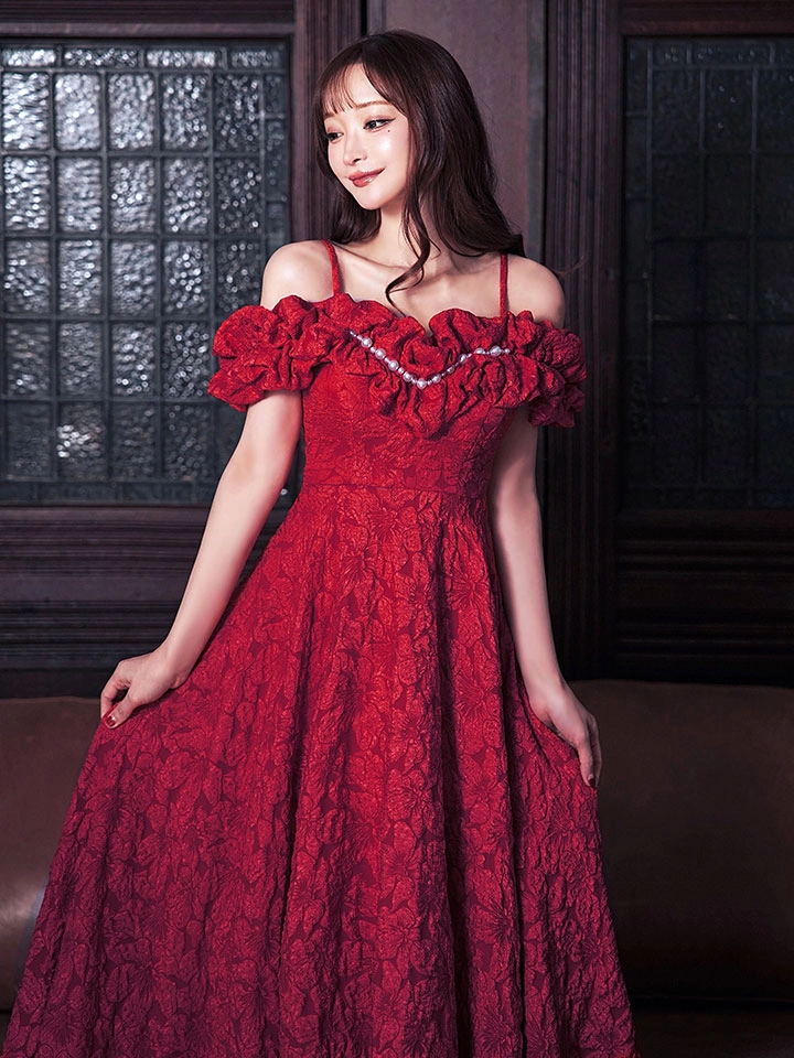 【CLEO CLOE/ クレオ クロエ】 オケージョンドレス/ パーティードレス/ ステージドレス/ イベントドレス/ フラワージャガード/ オフショル/ フリル/ Aライン/ フレア/ ロングドレス long8