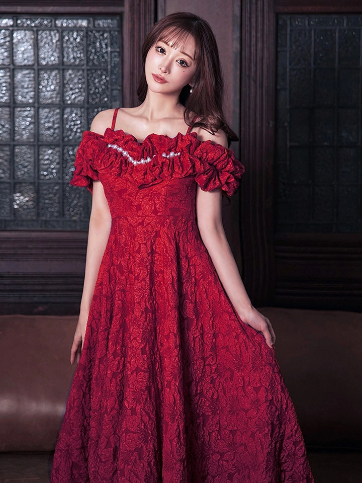 【CLEO CLOE/ クレオ クロエ】 オケージョンドレス/ パーティードレス/ ステージドレス/ イベントドレス/ フラワージャガード/ オフショル/ フリル/ Aライン/ フレア/ ロングドレス long9