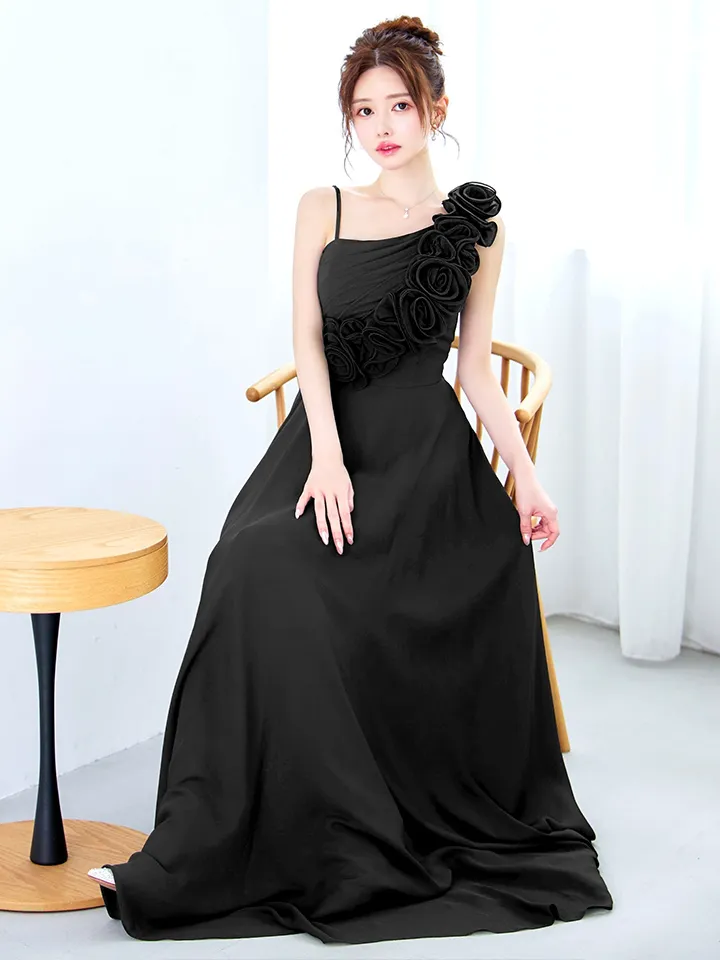 【CLEO CLOE/ クレオ クロエ】パーティードレス/ ステージドレス/ イベントドレス/ 立体フラワーフリル/ アシメショルダー/ ノースリーブ/ Aライン/ フレア/ ロングドレス2